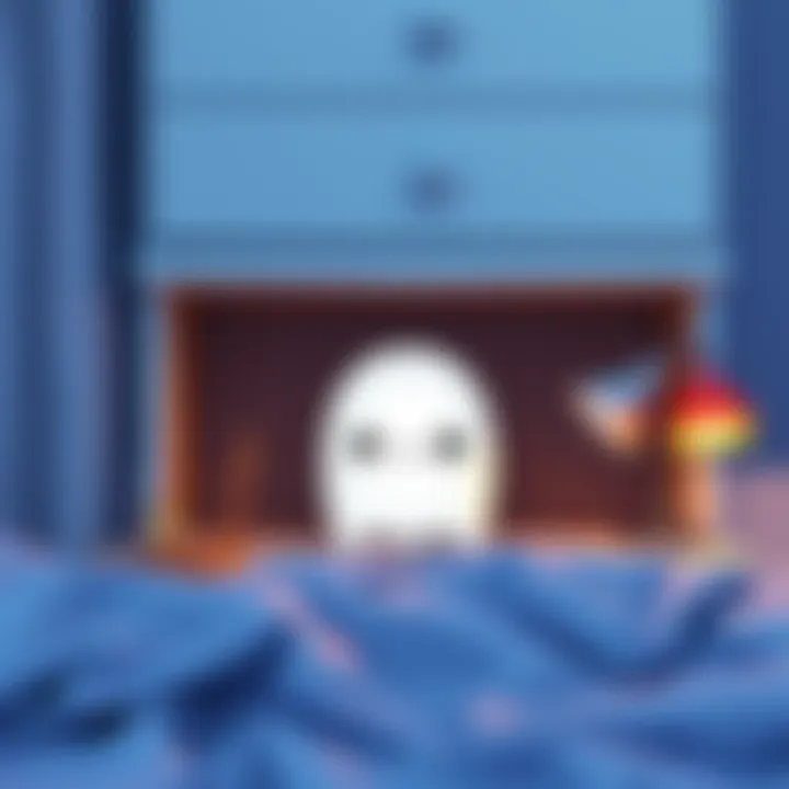 An illustration depicting a curious white object peeking out from under a nightstand, with playful elements surrounding it to evoke a sense of mystery and amusement