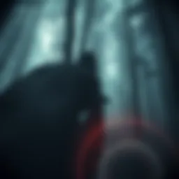 A shadowy figure among trees in a dark forest, surrounded by fog, illustrating chilling eyewitness accounts of mysterious beings.