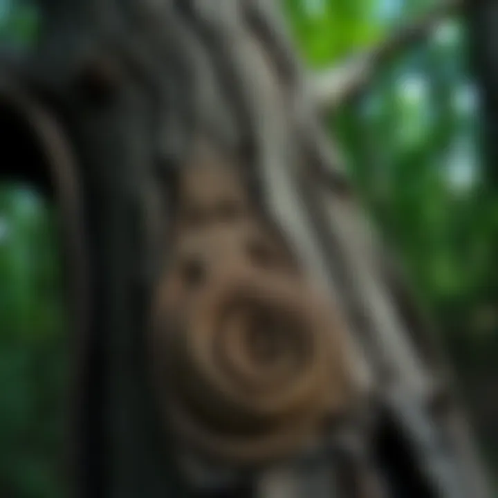 Mysterious Carving in Tree A close-up view of a strange carving of a female figure and spiral on a dead tree in Eno River State Park, North Carolina