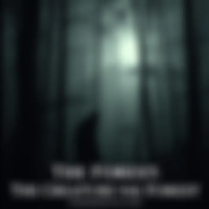 A dark silhouette of a strange creature among the trees in a dimly lit forest, with glowing eyes watching from the shadows.