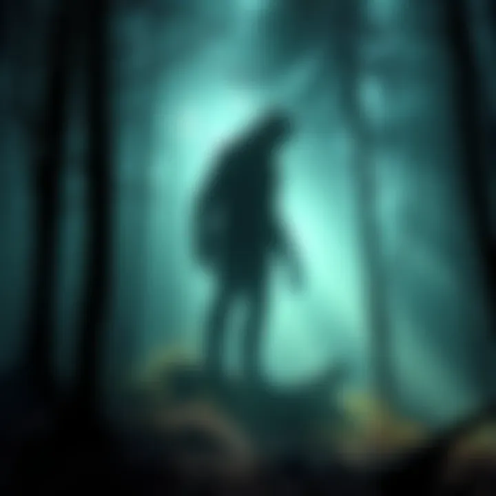 A shadowy figure in the woods resembling a cryptid, surrounded by trees and fog.