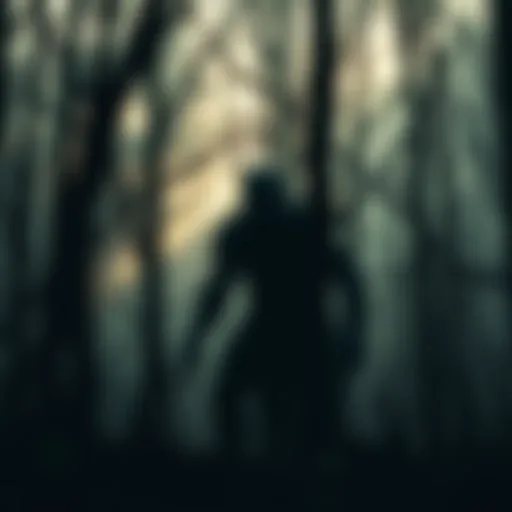 A shadowy figure lurking among trees in a dense forest, evoking a sense of curiosity and intrigue