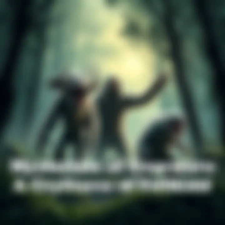 A collection of lesser-known cryptids like Bigfoot, Mokele-Mbembe, and the Chupacabra depicted in a forest setting.