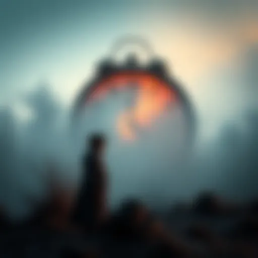 Mysterious Dream Scene A dream character looking confused while standing in a foggy landscape, with a large clock showing distorted time in the background.