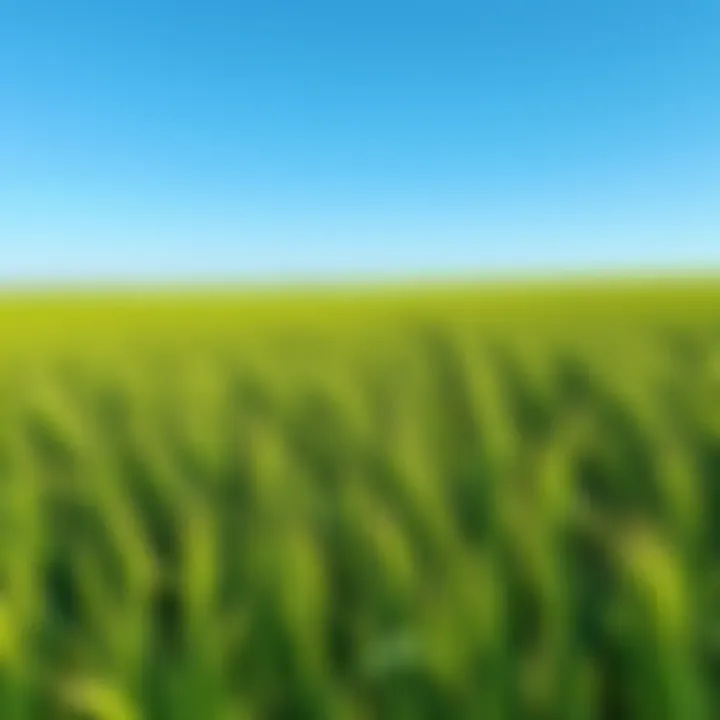 A vast field filled with tall green grass under a clear blue sky