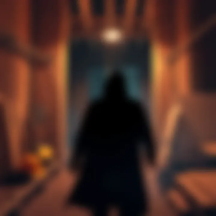 A shadowy figure appears at a dimly lit construction site, surrounded by tools and building materials