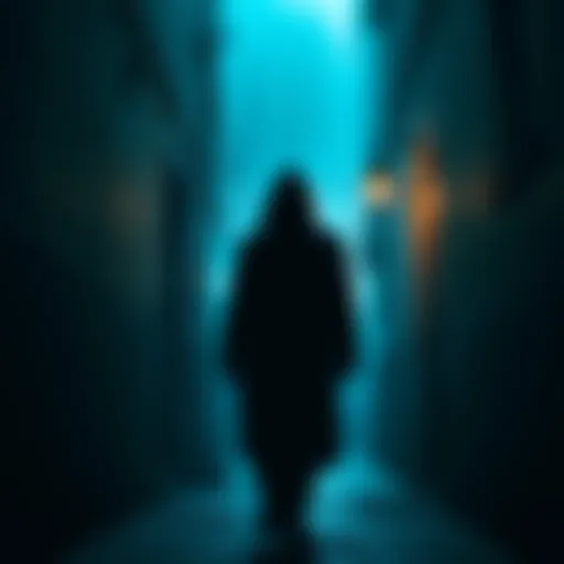 A shadowy figure leads a person down a narrow, dimly lit street with blue walls and a sense of fear looming.