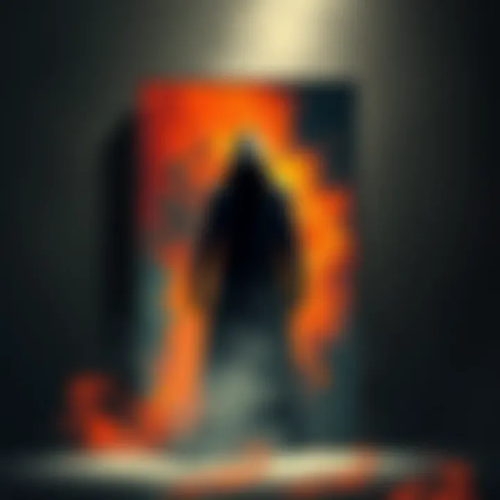 A shadowy figure depicted in an art piece, surrounded by abstract shapes and dark tones, representing the mystery of 'Meat-O'.