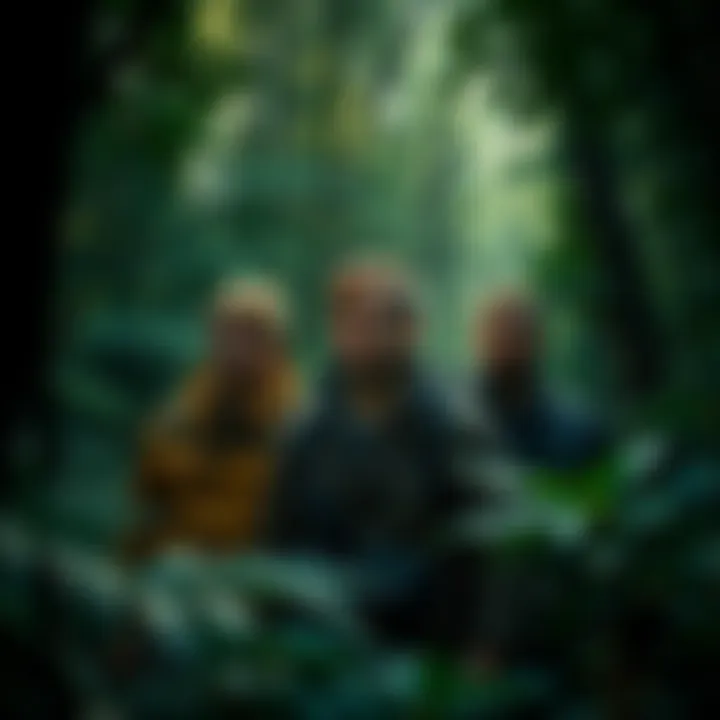 Three men in a dense forest, looking anxious and alert, with shadows hinting at unknown creatures around them.