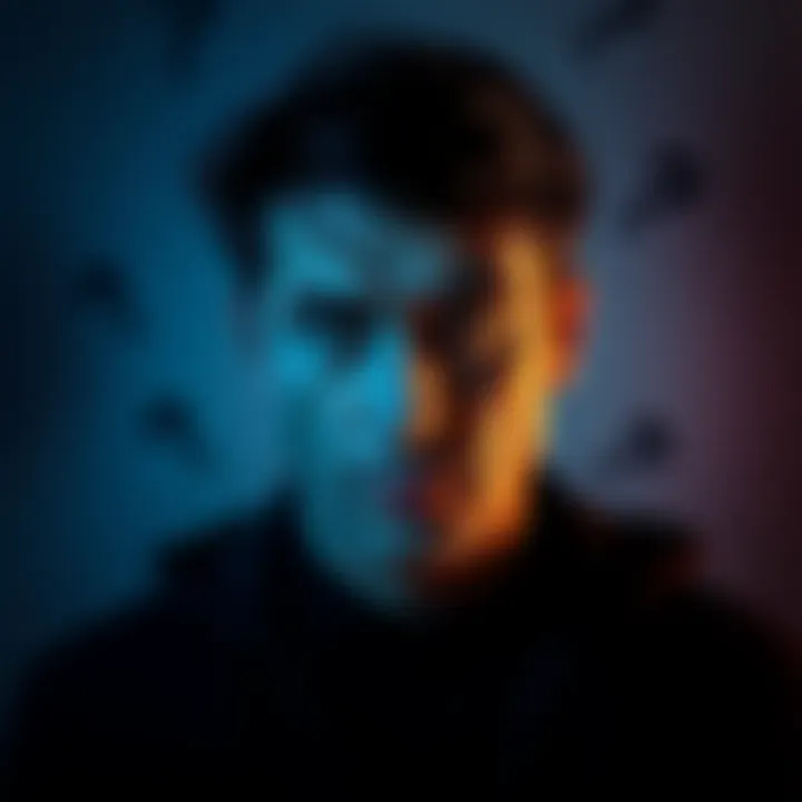 Portrait of a man with a thoughtful expression, surrounded by question marks and shadows, representing curiosity