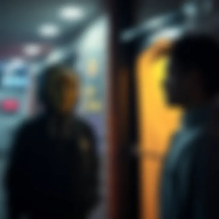 A woman wearing a distinctive fencing mask stands ominously outside a gym, casting a shadow on a concerned gym-goer. The atmosphere is tense, highlighting the unsettling nature of the situation.