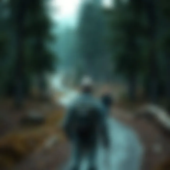 Mysterious Encounter on the Trail A hiker pauses on a winding path surrounded by tall trees, looking puzzled as he remembers the man who passed by without his dog.