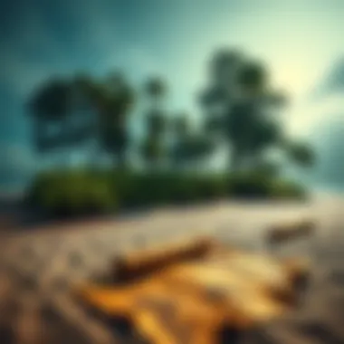 A remote island with dense trees and a partially buried treasure map on the sand