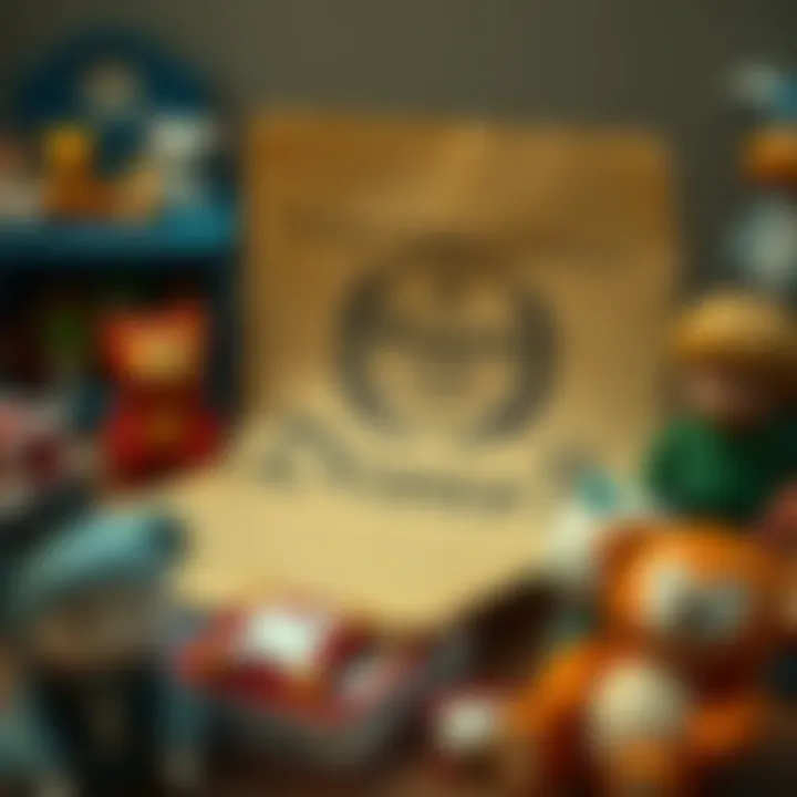A close-up of a mysterious letter with a faded logo from the P. Essers Club, surrounded by children's toys and a worried parent