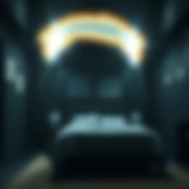 A dark bedroom with four bright light flashes resembling the Chargers logo on the ceiling, creating an otherworldly atmosphere