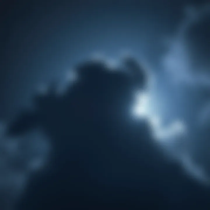 A bright light surrounded by dark clouds in the night sky, suggesting an unexplained phenomenon, with stars twinkling in the background.