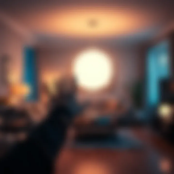 Mysterious Light Orb in Living Room A glowing orb of light hovers in a cozy living room, illuminating the surroundings, as a person reaches out towards it with a look of surprise.