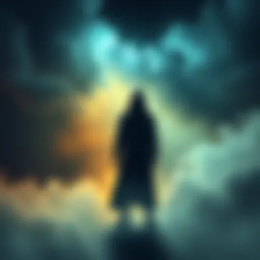 A shadowy figure stands in a dreamlike setting, evoking ideas of myths and communication in dreams.