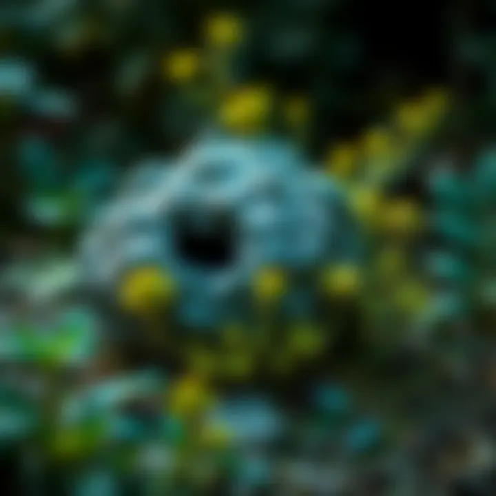 A close-up view of a meteorite in a garden, showing strange green plant-like growths surrounding it, creating an intriguing scene in Panama.