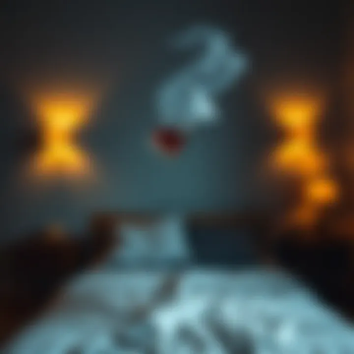 A surreal scene depicting a wine bottle and an e-cigarette floating in mid-air above a neatly made bed, highlighting the uncanny nature of unexplained events.