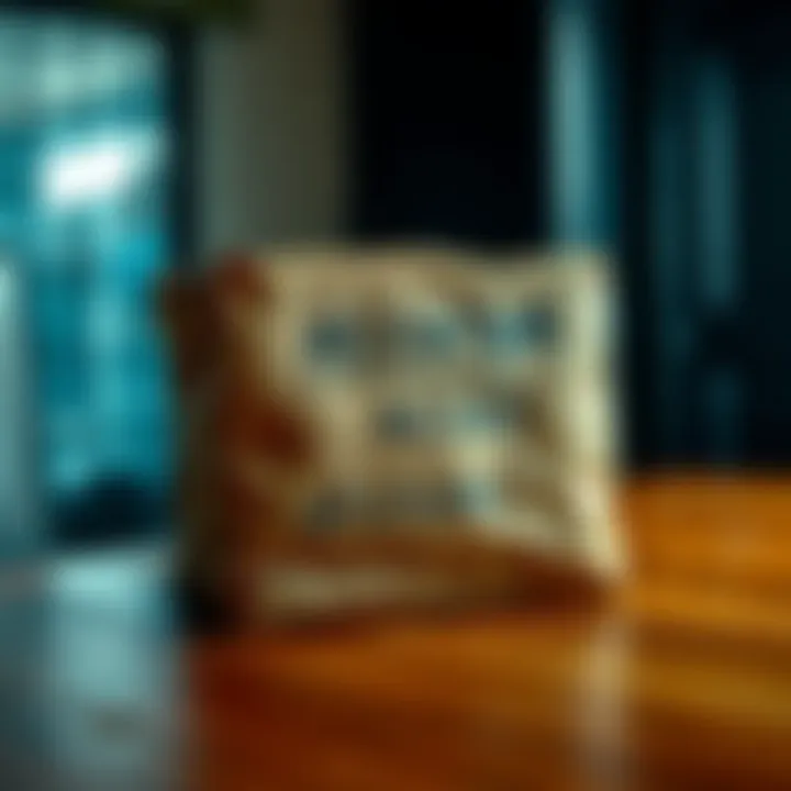 A close-up of an unexpected package with strange writing on the back, placed on a wooden table.