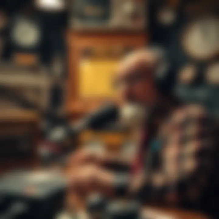 A radio host speaking into a microphone with a puzzled expression, surrounded by sound equipment and old radio memorabilia, reflecting on a strange caller from the past.