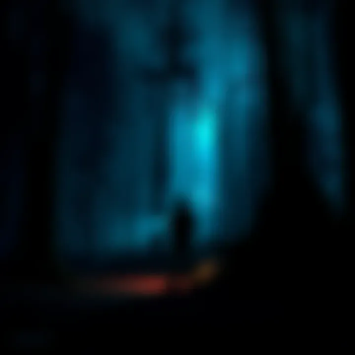 A person looking at a strange and dark area in the woods, illuminated by a flashlight, suggesting an unsettling atmosphere