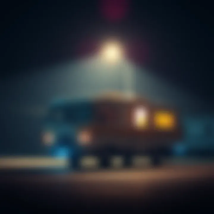 An RV parked under a streetlight with shadows around it, suggesting late-night visitors and a sense of unease.