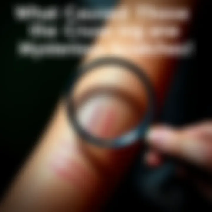 Person examining scratches A close-up of a person's arm showing mysterious scratches with a magnifying glass hovering over them, suggesting investigation into their cause.