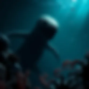 A shadowy figure resembling a sea monster lurking in dark ocean waters, surrounded by bubbles and deep sea creatures.