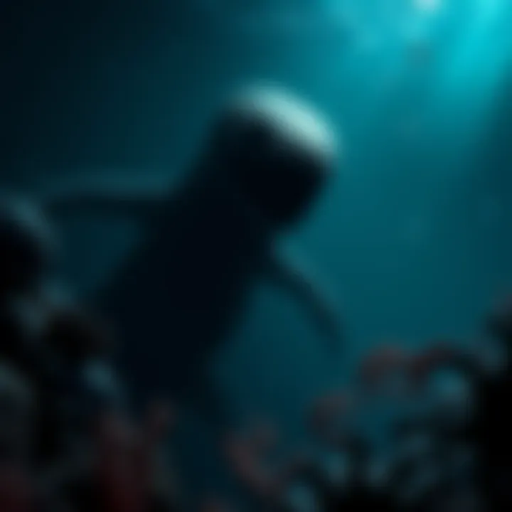 A shadowy figure resembling a sea monster lurking in dark ocean waters, surrounded by bubbles and deep sea creatures.