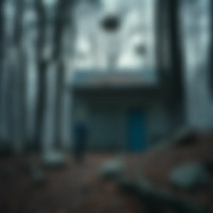 Two friends stand near a strange shack in the woods of Huntington, Massachusetts, looking confused and surprised as rocks appear to be flying towards them.