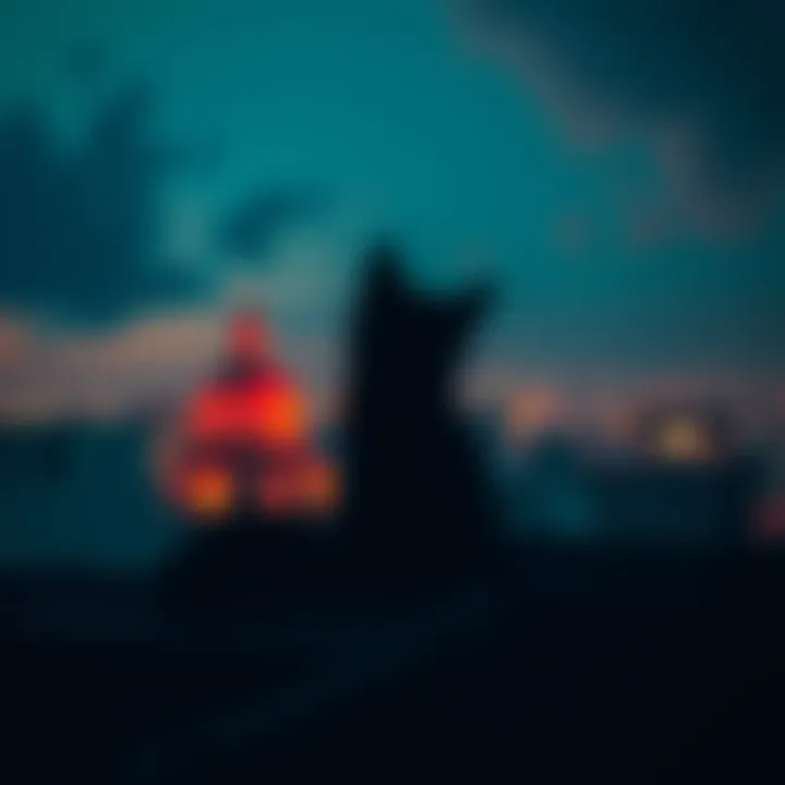 A dark cat-like shadow looms on a rooftop at night, creating a chilling atmosphere.