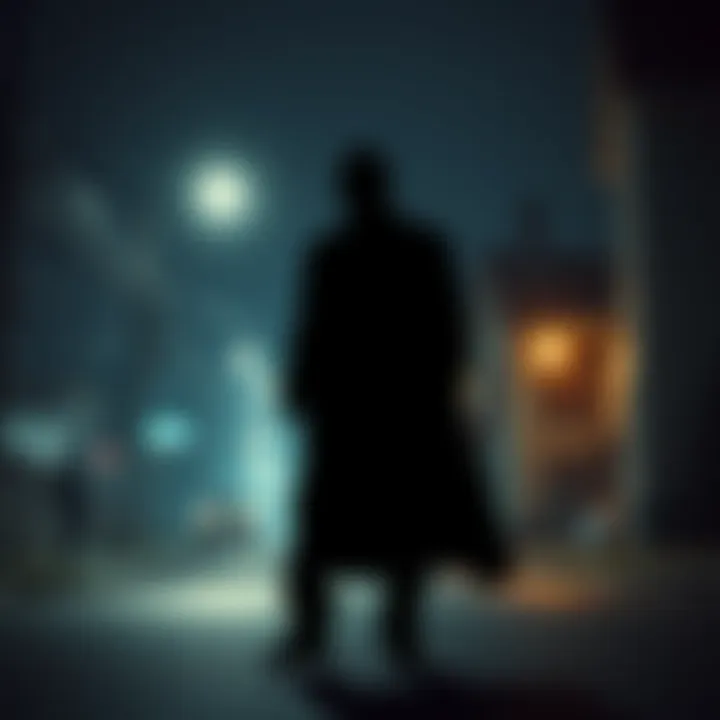 Silhouette of a dark shadow moving across a dimly lit street, as residents observe from a distance.