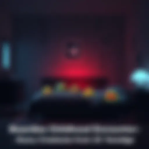 A shadowy bedroom scene with small, strange creatures peeking from behind furniture