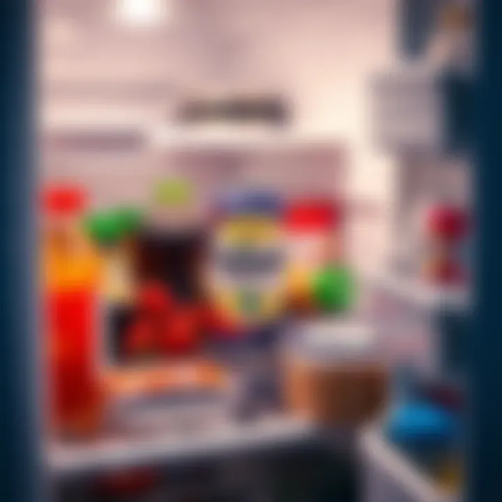 A can of Popwell Prebiotic soda sitting in a home fridge, surrounded by other items, looking out of place