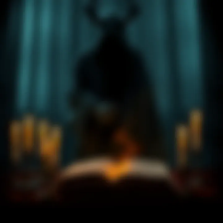 A dimly lit room with candles and an open book, suggesting a ritual to summon King Paimon. A shadowy figure looms in the background, symbolizing an unsettling presence.