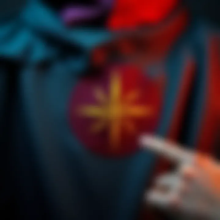 Close-up of a cloak featuring an unusual symbol, with a person's hand pointing at it, prompting questions about its meaning