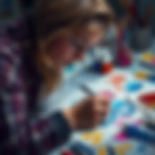 A person intensely focused on drawing a unique symbol, surrounded by colorful sketches and art supplies.