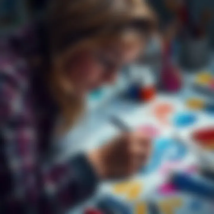 A person intensely focused on drawing a unique symbol, surrounded by colorful sketches and art supplies.