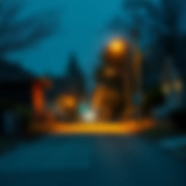 A quiet neighborhood at night with a faint whirring sound in the background, streetlights illuminating the area.