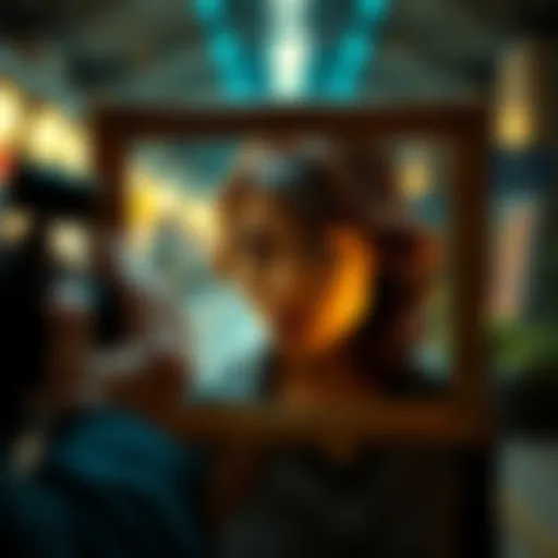 A woman suddenly appears in a photo frame, unnoticed by the photographer. She has a vintage style and looks surprised, adding curiosity to the scene.