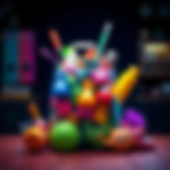 A colorful bag filled with various mystery items, inviting people to guess its contents.