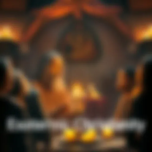 A mystic with a candle, engaging with people, sharing insights about esoteric Christianity