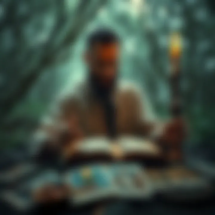 A mystical Christian reflecting with tarot cards and a Bible in a serene setting.