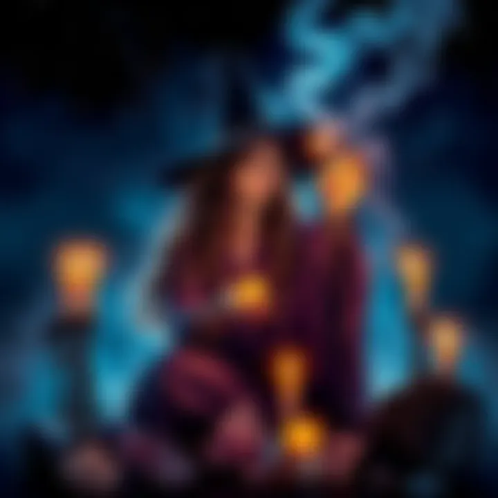 A serene witch casting a spell under a night sky, surrounded by candles and crystals, embodying focus and energy