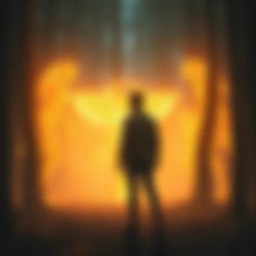 A person standing in a forest amidst glowing figures of aliens, angels, and elves, illustrating forgotten encounters.