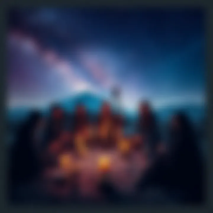 A serene gathering featuring candles, tarot cards, and symbols of Nyx and Hekate under a starry sky