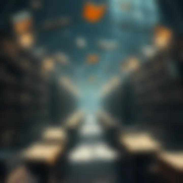 A mystical library filled with floating books, shadows dancing among the shelves, and a warm light illuminating the space, inviting people to explore their stories.