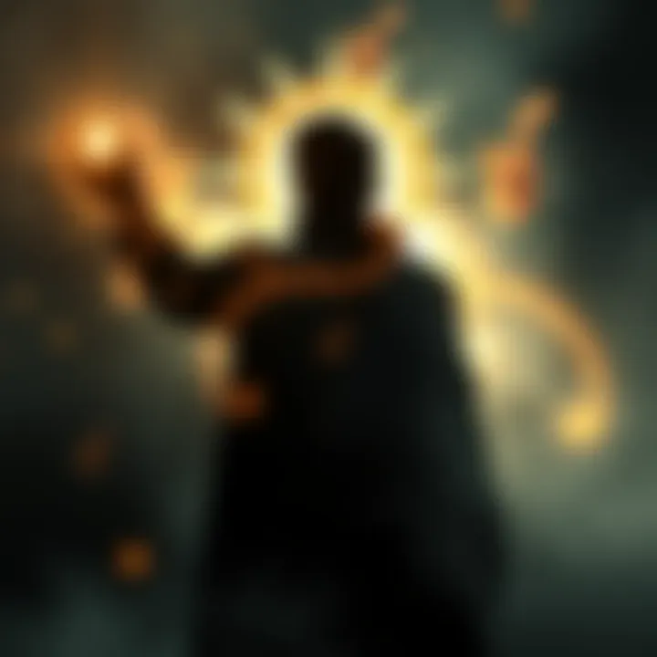 Silhouette of a man with a mystical aura A shadowy figure resembling Jeffrey Epstein surrounded by ethereal lights, symbolizing transformation into a mystical entity.